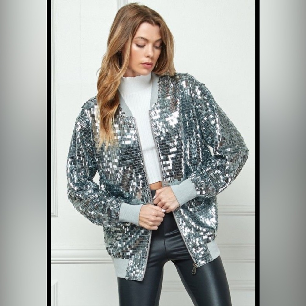 Silver Sequin Bomber Jacket